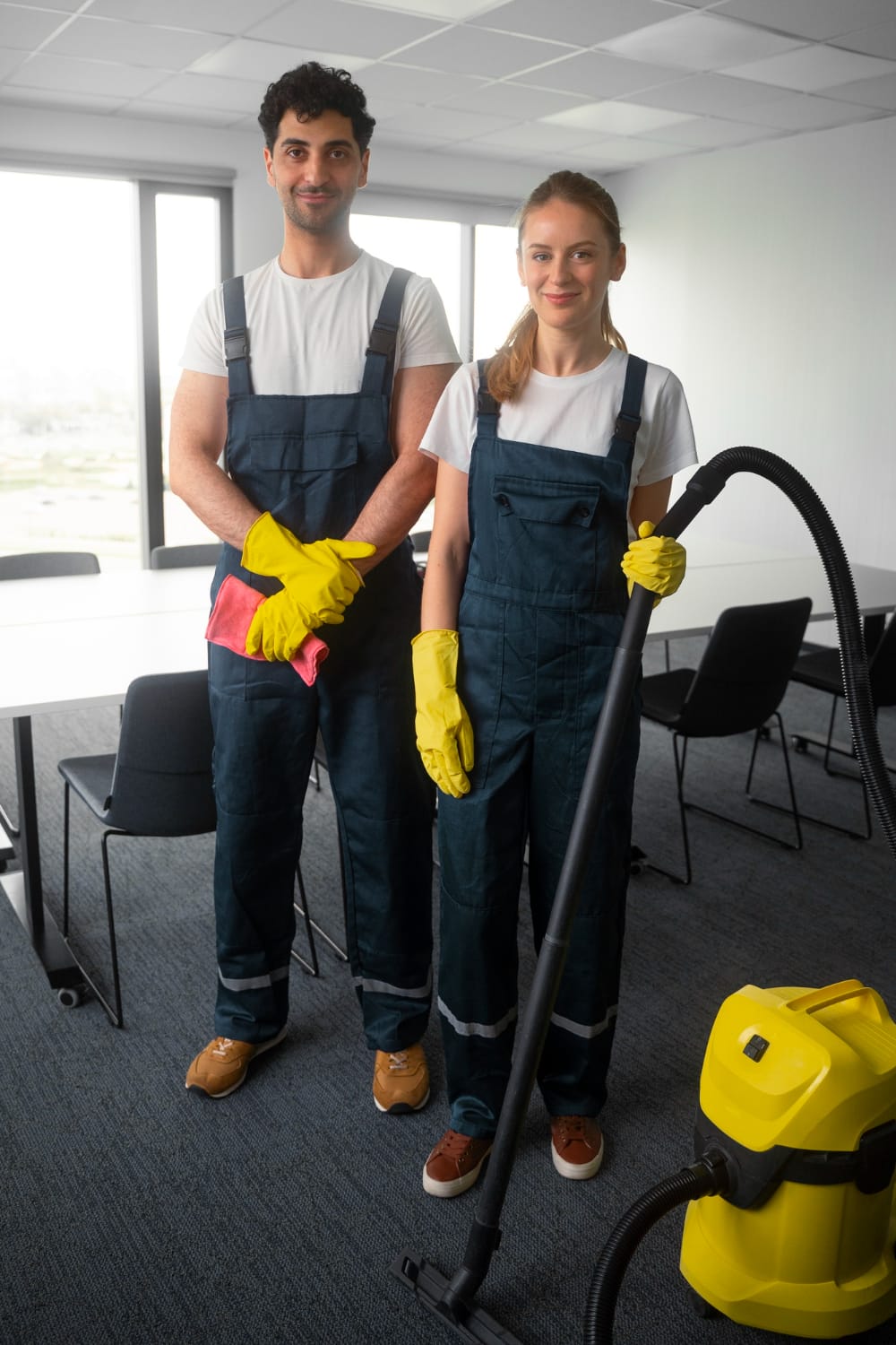 a man and woman wearing overalls and gloves